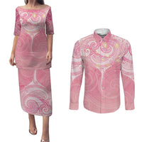 Breast Cancer Awareness Maori Aotearoa Couples Matching Puletasi and Long Sleeve Button Shirt Manta Ray - Pink Glaze LT7 Pink - Polynesian Pride