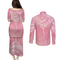 Breast Cancer Awareness Maori Aotearoa Couples Matching Puletasi and Long Sleeve Button Shirt Manta Ray - Pink Glaze LT7 - Polynesian Pride