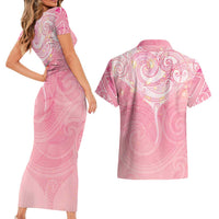 Breast Cancer Awareness Maori Aotearoa Couples Matching Short Sleeve Bodycon Dress and Hawaiian Shirt Manta Ray - Pink Glaze LT7 - Polynesian Pride