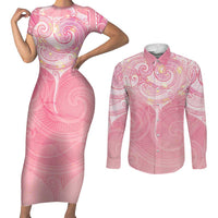 Breast Cancer Awareness Maori Aotearoa Couples Matching Short Sleeve Bodycon Dress and Long Sleeve Button Shirt Manta Ray - Pink Glaze - Polynesian Pride