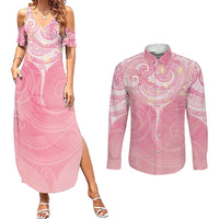 Breast Cancer Awareness Maori Aotearoa Couples Matching Summer Maxi Dress and Long Sleeve Button Shirt Manta Ray - Pink Glaze LT7 Pink - Polynesian Pride