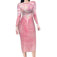 Breast Cancer Awareness Maori Aotearoa Family Matching Long Sleeve Bodycon Dress and Hawaiian Shirt Manta Ray - Pink Glaze LT7 Pink - Polynesian Pride