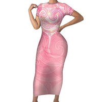 Breast Cancer Awareness Maori Aotearoa Family Matching Short Sleeve Bodycon Dress and Hawaiian Shirt Manta Ray - Pink Glaze LT7 Pink - Polynesian Pride