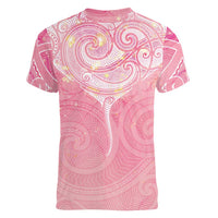 Breast Cancer Awareness Maori Aotearoa Women V-Neck T-Shirt Manta Ray - Pink Glaze - Polynesian Pride