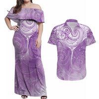 Epilepsy Awareness Maori Aotearoa Couples Matching Off Shoulder Maxi Dress and Hawaiian Shirt Manta Ray - Purple Glaze - Polynesian Pride