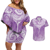 Epilepsy Awareness Maori Aotearoa Couples Matching Off Shoulder Short Dress and Hawaiian Shirt Manta Ray - Purple Glaze LT7 Purple - Polynesian Pride