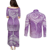 Epilepsy Awareness Maori Aotearoa Couples Matching Puletasi and Long Sleeve Button Shirt Manta Ray - Purple Glaze LT7 - Polynesian Pride
