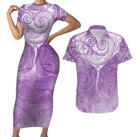 Epilepsy Awareness Maori Aotearoa Couples Matching Short Sleeve Bodycon Dress and Hawaiian Shirt Manta Ray - Purple Glaze - Polynesian Pride