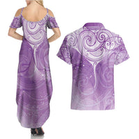 Epilepsy Awareness Maori Aotearoa Couples Matching Summer Maxi Dress and Hawaiian Shirt Manta Ray - Purple Glaze - Polynesian Pride