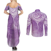 Epilepsy Awareness Maori Aotearoa Couples Matching Summer Maxi Dress and Long Sleeve Button Shirt Manta Ray - Purple Glaze LT7 - Polynesian Pride