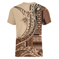 Samoa Siapo Mamanu Women V-Neck T-Shirt Plumeria Mocha Motifs