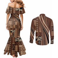 Pasifika Women's Day - Samoa Siapo Malu Tattoo Inspired Couples Matching Mermaid Dress and Long Sleeve Button Shirt Brown LT7 - Polynesian Pride