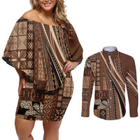 Pasifika Women's Day - Samoa Siapo Malu Tattoo Inspired Couples Matching Off Shoulder Short Dress and Long Sleeve Button Shirt Brown LT7 Brown - Polynesian Pride