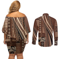 Pasifika Women's Day - Samoa Siapo Malu Tattoo Inspired Couples Matching Off Shoulder Short Dress and Long Sleeve Button Shirt Brown LT7 - Polynesian Pride