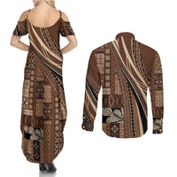 Pasifika Women's Day - Samoa Siapo Malu Tattoo Inspired Couples Matching Summer Maxi Dress and Long Sleeve Button Shirt Brown LT7 - Polynesian Pride