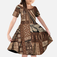 Pasifika Women's Day - Samoa Siapo Malu Tattoo Inspired Family Matching Off The Shoulder Long Sleeve Dress and Hawaiian Shirt Brown LT7 Daughter's Dress Brown - Polynesian Pride