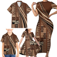 Pasifika Women's Day - Samoa Siapo Malu Tattoo Inspired Family Matching Short Sleeve Bodycon Dress and Hawaiian Shirt Brown