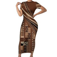 Pasifika Women's Day - Samoa Siapo Malu Tattoo Inspired Family Matching Short Sleeve Bodycon Dress and Hawaiian Shirt Brown