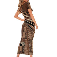 Pasifika Women's Day - Samoa Siapo Malu Tattoo Inspired Family Matching Short Sleeve Bodycon Dress and Hawaiian Shirt Brown