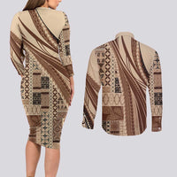 Pasifika Women's Day - Samoa Siapo Malu Tattoo Inspired Couples Matching Long Sleeve Bodycon Dress and Long Sleeve Button Shirt Beige LT7 - Polynesian Pride