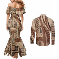 Pasifika Women's Day - Samoa Siapo Malu Tattoo Inspired Couples Matching Mermaid Dress and Long Sleeve Button Shirt Beige LT7 - Polynesian Pride