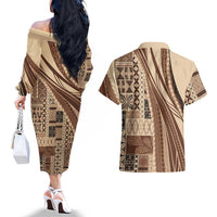 Pasifika Women's Day - Samoa Siapo Malu Tattoo Inspired Couples Matching Off The Shoulder Long Sleeve Dress and Hawaiian Shirt Beige LT7 - Polynesian Pride
