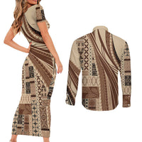 Pasifika Women's Day - Samoa Siapo Malu Tattoo Inspired Couples Matching Short Sleeve Bodycon Dress and Long Sleeve Button Shirt Beige LT7 - Polynesian Pride