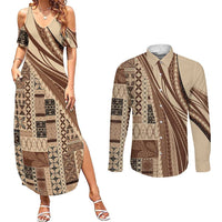 Pasifika Women's Day - Samoa Siapo Malu Tattoo Inspired Couples Matching Summer Maxi Dress and Long Sleeve Button Shirt Beige LT7 Beige - Polynesian Pride