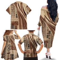 Pasifika Women's Day - Samoa Siapo Malu Tattoo Inspired Family Matching Off The Shoulder Long Sleeve Dress and Hawaiian Shirt Beige LT7 - Polynesian Pride