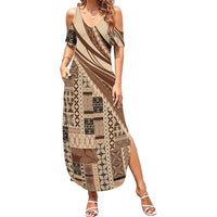 Pasifika Women's Day - Samoa Siapo Malu Tattoo Inspired Family Matching Summer Maxi Dress and Hawaiian Shirt Beige