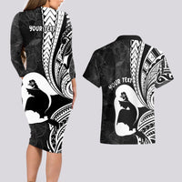 Mother's Day Couples Matching Long Sleeve Bodycon Dress and Hawaiian Shirt Polynesia Vintage Hibiscus - Black