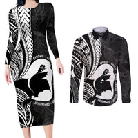 Mother's Day Couples Matching Long Sleeve Bodycon Dress and Long Sleeve Button Shirt Polynesia Vintage Hibiscus - Black LT7 Black - Polynesian Pride