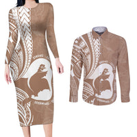 Mother's Day Couples Matching Long Sleeve Bodycon Dress and Long Sleeve Button Shirt Polynesia Vintage Hibiscus - Brown LT7 Brown - Polynesian Pride