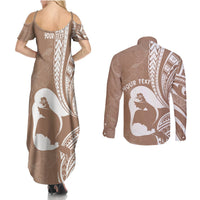 Mother's Day Couples Matching Summer Maxi Dress and Long Sleeve Button Shirt Polynesia Vintage Hibiscus - Brown