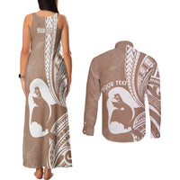 Mother's Day Couples Matching Tank Maxi Dress and Long Sleeve Button Shirt Polynesia Vintage Hibiscus - Brown