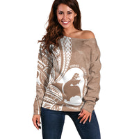 Mother's Day Off Shoulder Sweater Polynesia Vintage Hibiscus - Brown