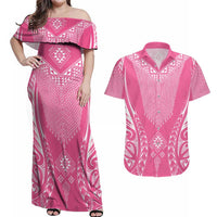 2025 Rugby Championship New Zealand Custom Couples Matching Off Shoulder Maxi Dress and Hawaiian Shirt Poutama Motifs - Pink Out LT7 Pink - Polynesian Pride