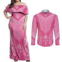 2025 Rugby Championship New Zealand Custom Couples Matching Off Shoulder Maxi Dress and Long Sleeve Button Shirt Poutama Motifs - Pink Out LT7 Pink - Polynesian Pride