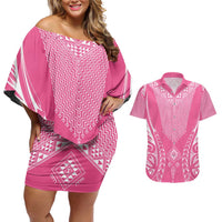2025 Rugby Championship New Zealand Custom Couples Matching Off Shoulder Short Dress and Hawaiian Shirt Poutama Motifs - Pink Out LT7 Pink - Polynesian Pride
