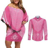 2025 Rugby Championship New Zealand Custom Couples Matching Off Shoulder Short Dress and Long Sleeve Button Shirt Poutama Motifs - Pink Out - Polynesian Pride