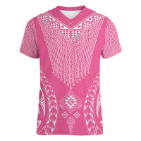 2025 Rugby Championship New Zealand Custom Women V-Neck T-Shirt Poutama Motifs - Pink Out LT7 Female Pink - Polynesian Pride
