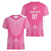 2025 Rugby Championship New Zealand Custom Women V-Neck T-Shirt Poutama Motifs - Pink Out LT7 - Polynesian Pride