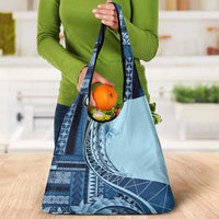 Samoa Siapo Mamanu Grocery Bag Plumeria Navy Blue Motifs