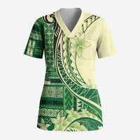 Samoa Siapo Mamanu Scrub Top Plumeria Emerald Motifs LT7 Adult Green - Polynesian Pride