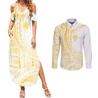 Samoa Siapo Mamanu Couples Matching Summer Maxi Dress and Long Sleeve Button Shirt Plumeria Fancy Gold Motifs