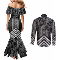 Aotearoa Taniko Pattern Couples Matching Mermaid Dress and Long Sleeve Button Shirt Poutama Mix Kowhai Flowers LT7 - Polynesian Pride
