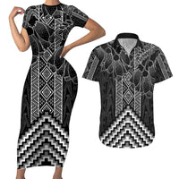 Aotearoa Taniko Pattern Couples Matching Short Sleeve Bodycon Dress and Hawaiian Shirt Poutama Mix Kowhai Flowers LT7 Grey - Polynesian Pride