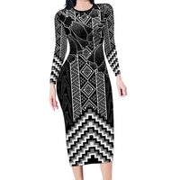 Aotearoa Taniko Pattern Family Matching Long Sleeve Bodycon Dress and Hawaiian Shirt Poutama Mix Kowhai Flowers LT7 Mom's Dress Grey - Polynesian Pride