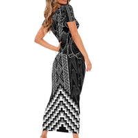Aotearoa Taniko Pattern Family Matching Short Sleeve Bodycon Dress and Hawaiian Shirt Poutama Mix Kowhai Flowers