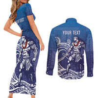 Samoa Manuia le Aso Tuto'atasi Siapo Motif Couples Matching Short Sleeve Bodycon Dress and Long Sleeve Button Shirt Warrior with Nifo Oti